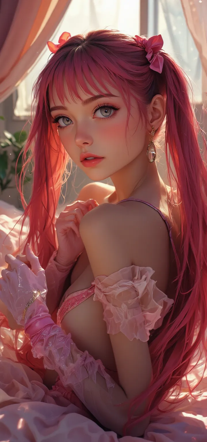 8k, Masterpiece, Top Quality, High Resolution, Detail, High Details, High Quality, Super Detailed, Retina, innocent, beautiful, gorgeous, hot, young face, tween, sexy, godess, rays of light, hot pink lingerie, small cleavage, bedroom, long pink hair, lomg ...