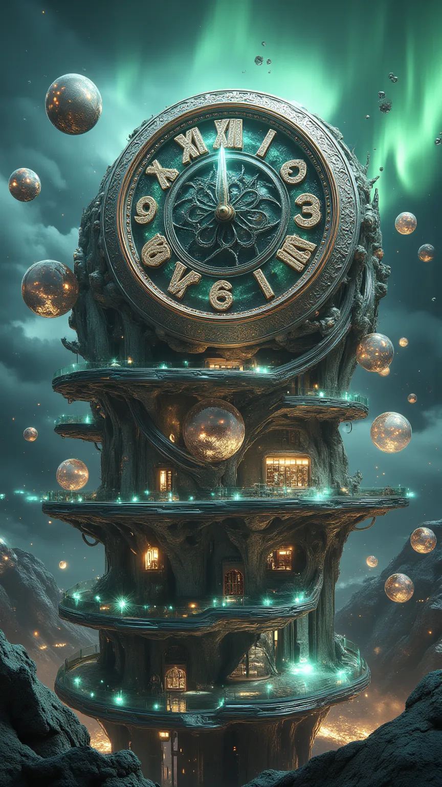 A highly detailed 3D-rendered futuristic alien building designed in the shape of a vintage clock, blending advanced extraterrestrial technology with intricate clockwork aesthetics. The structure features a massive circular body resembling an antique timepi...