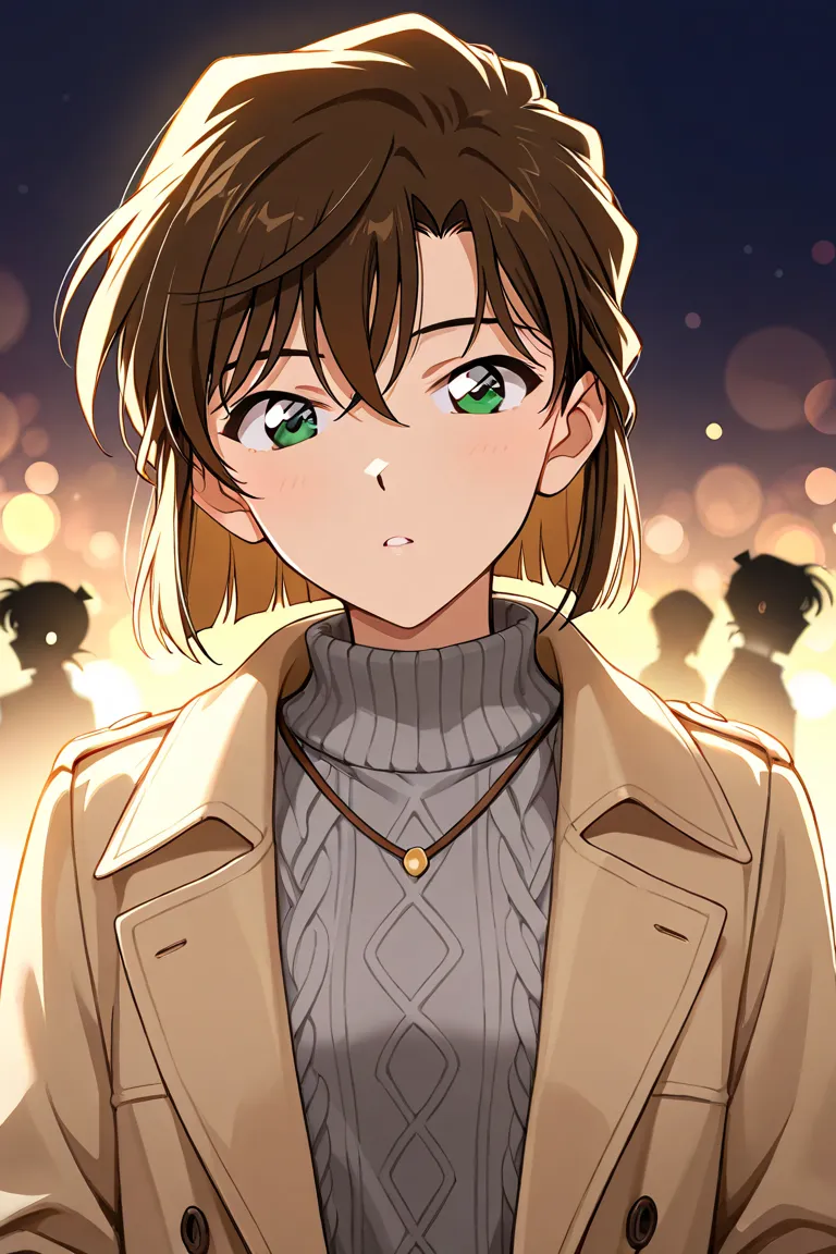 anime digital artwork, inspired by “Detective Conan”. A stunningly beautiful woman with short, brown hair partially covers two captivating bright green eyes and a birthmark near the mouth, radiant fair skin . She wears a beige trench coat with brown stitch...