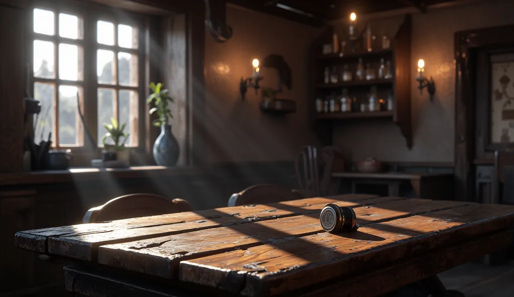 In the inn there is an empty table with an empty beer cap. The camera looks from the direction of the head of the table.