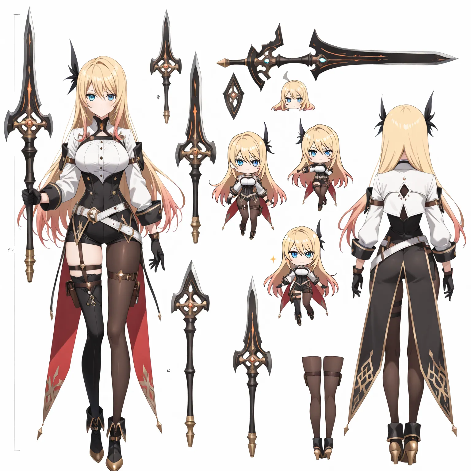 (((Best Quality))) , ((full body)), female, reference sheet, solo, (white background), high-fantasy, holding weapon, gloves, thigh high,  chibi, tales of,
