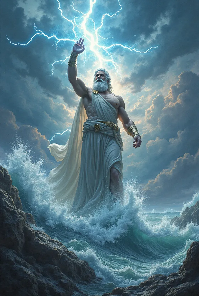 "Zeus stands tall amidst an epic duel with Poseidon, the god of the sea. The sky above shifts in color, rippling with divine energy as the two deities unleash their might. Zeus raises his hand, summoning a storm of lightning from the heavens—bolts of pure ...