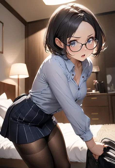 sfw,RAWphoto,photorealistic,8k16k,best quality,perfect anatomy,perfect detailed,ultra highres, extremely detailed eyes and face,gleaming skin,shiny skin,1girl,young,Japanese,black short hair,pixie cut, (wearing glasses:1.3),(parted bangs,forehead:1.2),roun...