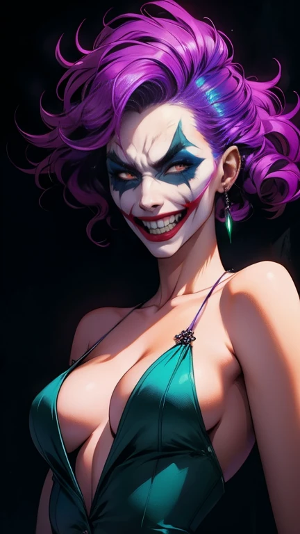 genderswapped,the joker as crazy woman,crazy maniacal grin,purple suit,green curly hair,detailed portrait,beautiful woman,hyperrealistic,dramatic lighting,sinister expression,piercing eyes,glowing skin,exaggerated makeup,wild hair,dramatic pose,dark backgr...