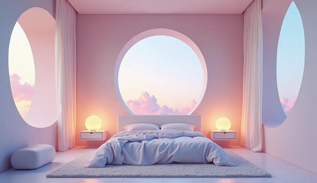 The bedroom design embodies the soft, dreamlike essence of a colorful cloud drifting slowly through the sky. Cloud-like architectural elements, mimicking the graceful form of clouds. Gentle gradients of pastel hues—misty blues, blush pinks, and lavender—fl...