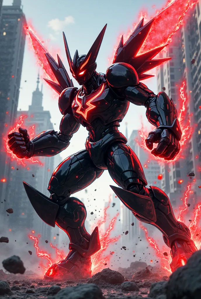 BlackRapidMon is frozen in a dynamic fighting pose, while he is chasing across the battlefield at lightning-fast speed. His black metal armor is criss-crossed by bright red energy channels, explode in dark flashes, while his powerful, muscular legs push hi...