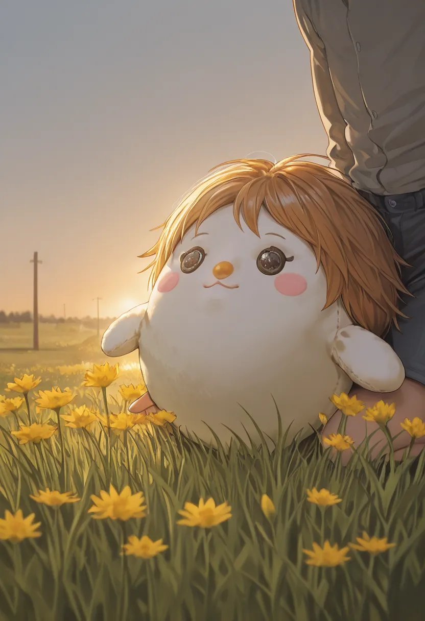 (best quality :1.2)，Kin Obata  , plush toy , detailed,Soft,cute,cute的,Realistic photos,High res, 8,000,ultra-realistic, detailed texture,studio lighting,Physically Based Rendering, Bright colors ,Warm light,cozy atmosphere,peaceful的grassland,grassland,Wild...