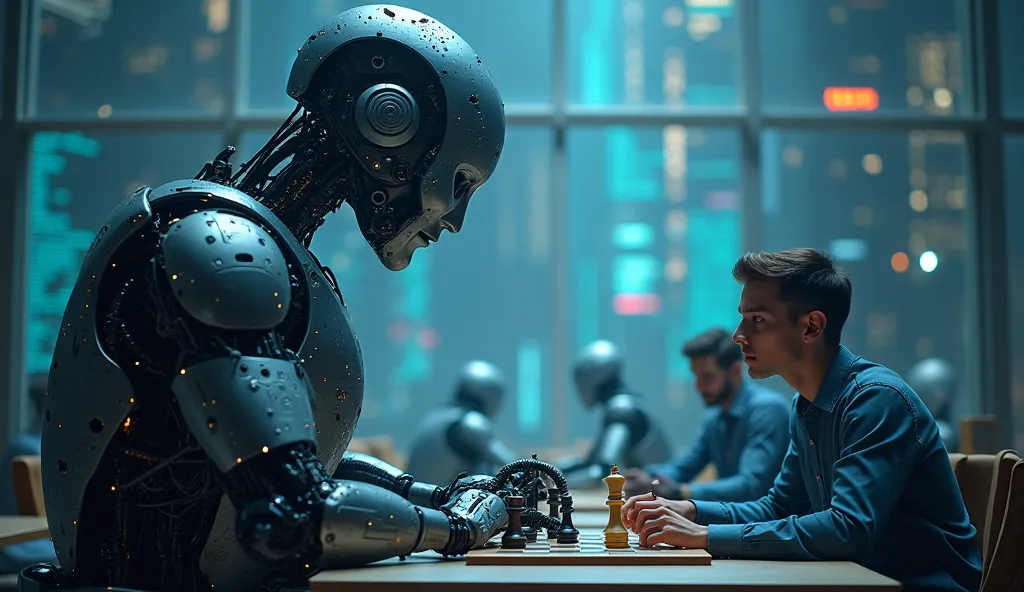 "A towering AI presence looms over a human chess grandmaster, effortlessly predicting every move. In the background, lines of code rewrite themselves in real-time, while AI-driven robots outperform world-class programmers. The human figures watch in awe an...