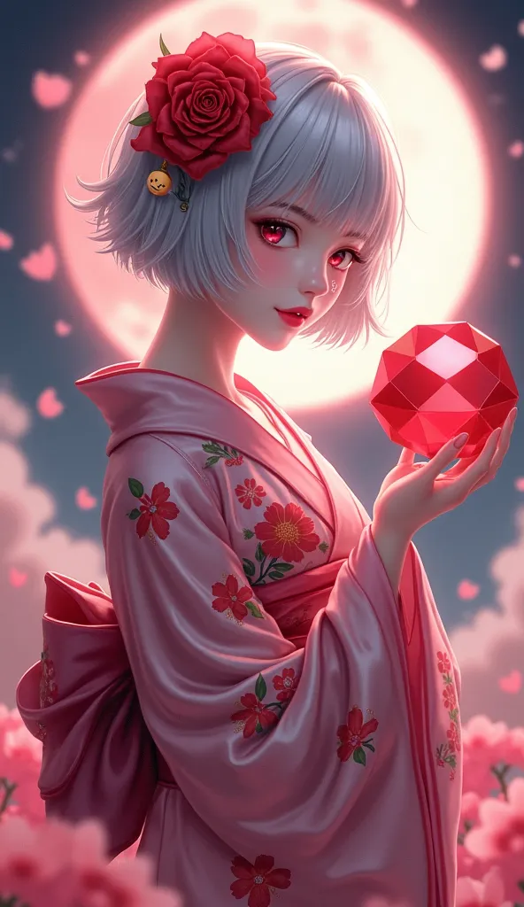 A mystical illustration of a young woman with short, silver hair adorned with vivid red roses. Her captivating deep red lips and pale skin create a striking contrast. She wears an exquisitely detailed kimono, featuring floral patterns in shades of rose and...