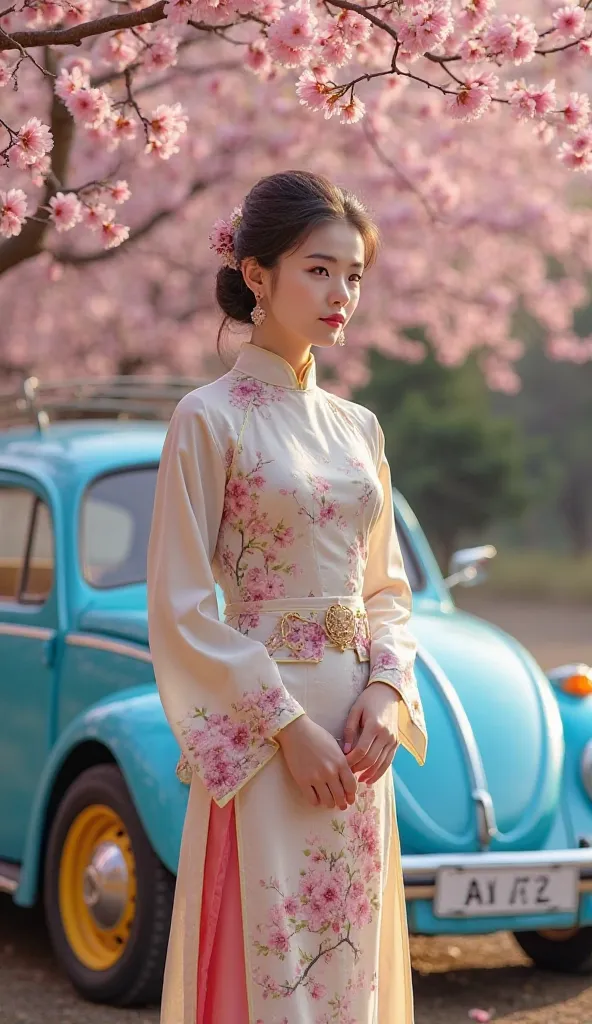 professional real photo realistic Charming portrait of a 22-year-old young woman in traditional Chinese clothing with batik motifs amidst blooming plum blossoms. Beautiful, calming spring scenery. The woman is standing in front of a classic blue VW Beetle ...