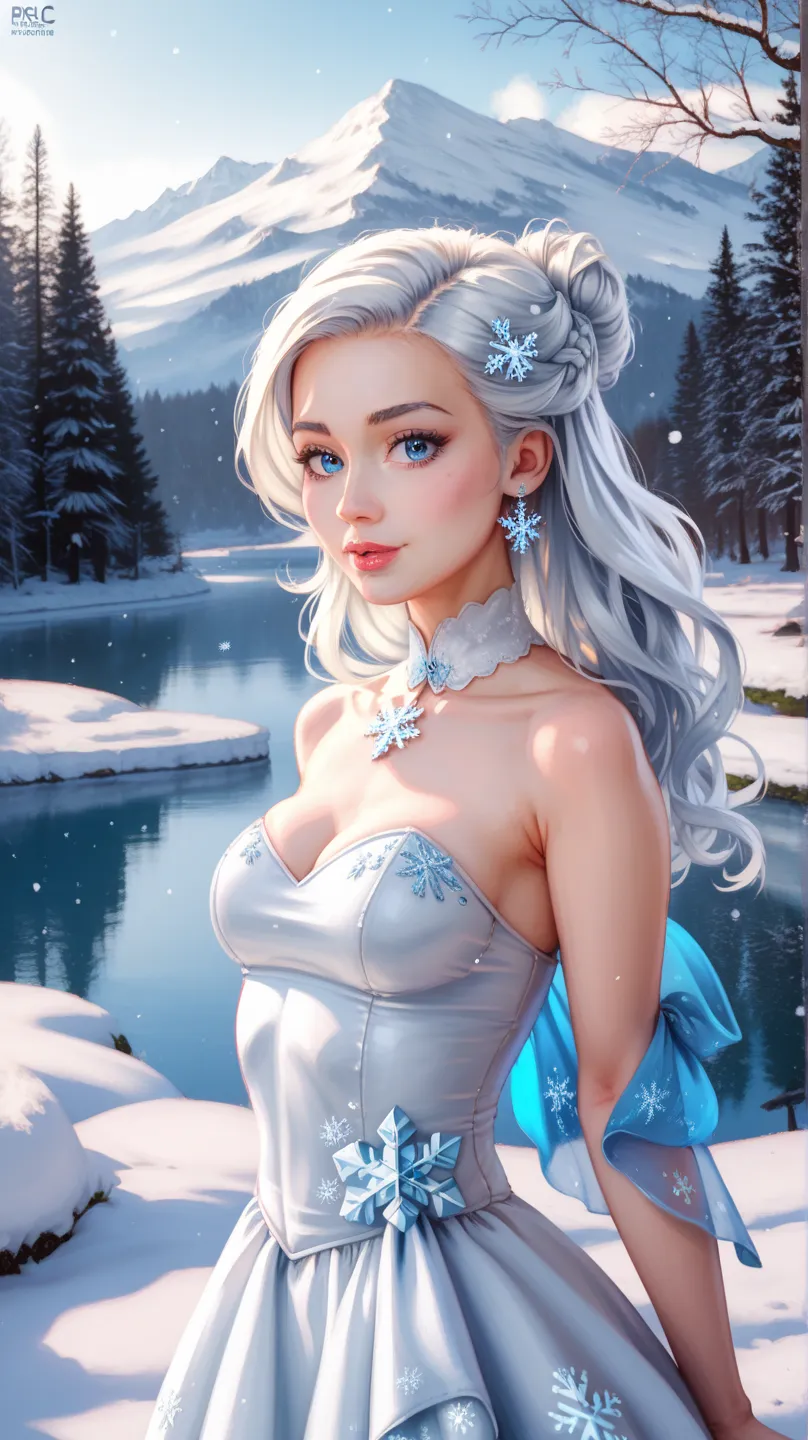 a young woman with blue-white hair and light blue eyes, wearing a white snowflake hairpin, tight white dress, light blue decorated dress, photorealista young woman, blue-white hair, light blue eyes, white snowflake hairpin, tight white dress, light blue de...