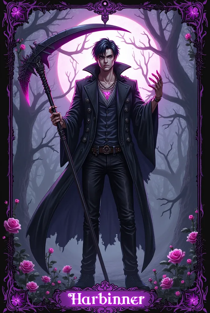 anime style Pose: Damon a handsome man stands tall, holding his glowing scythe as spectral energy swirls around him. His cracked necrotic markings glow faintly, enhancing his aura of controlled destruction.
Tarot Symbolism: The Death card motif—black roses...