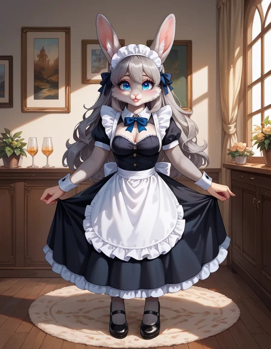 score_9, score_8_up, score_7_up,, beautiful female anthro rabbit, full body, blue eyes, ((maid outfit)), (((soft fur, fluffy))), cute, grey fur,, BREAK, very high detail, insane detail, very high quality, insane quality,, pretty eyes, beautiful lips, detai...