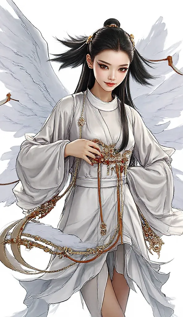 HD quality，beauties，The CG version，Wear ancient Chinese clothing，Feels like fairy air，dark hair，long hair， white clothes ，beauties站着的，Show a smile，The image of Crane Boy in Nacha 2，Sexy female devil with wings ， white wings， The big eyes ，has long eyeliner...