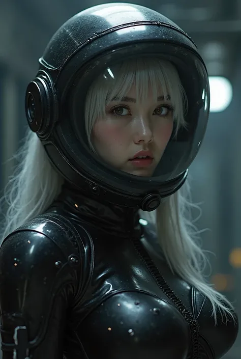 japanese woman, mid twenties, silver hair, porcelain features, beautiful, big breasted. wearing black pcv spacesuit, fully helmeted. wearing helmet. visor down. hair inside helmet. setting; cyberpunk, dark room, shadows, future, colony, space. theme; horro...