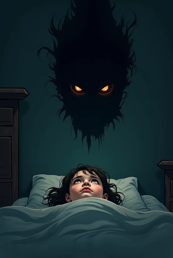 Terror in the dream, Draw in Mattita, two perspectives a girl who looks up while lying on the bed,And a very dark shadow looking at her from above, Dark room, Fear 