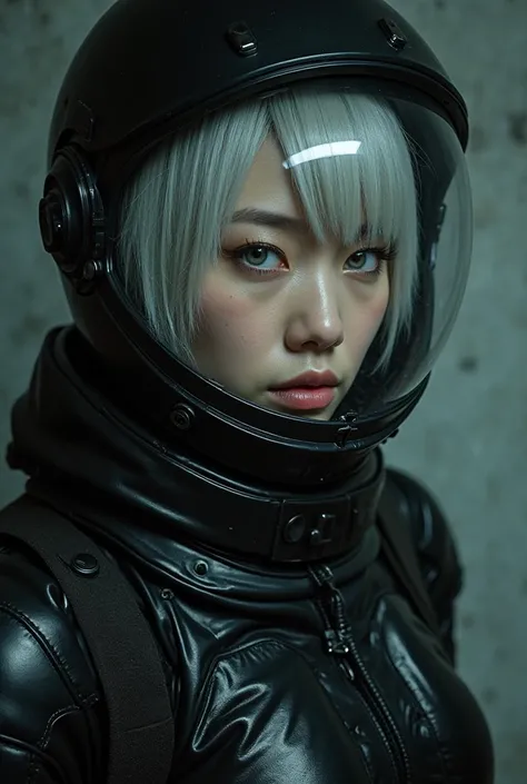 japanese woman, mid twenties, short silver hair, porcelain features, beautiful, big breasted. wearing black pcv spacesuit, fully helmeted. wearing helmet. visor down. hair inside helmet. hair hidden by helmet. setting; cyberpunk, dark room, shadows, future...