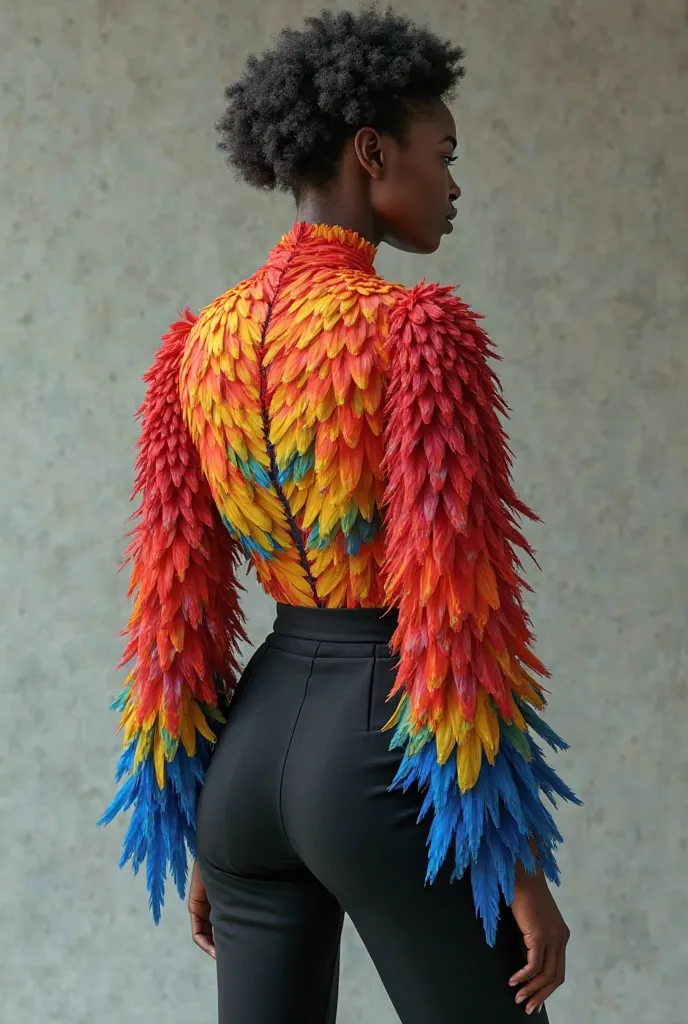 Transform my drawing into a realistic image, my image is a look a blouse inspired by macaws, There are feathers on one, apenas, of the sleeves and black pants