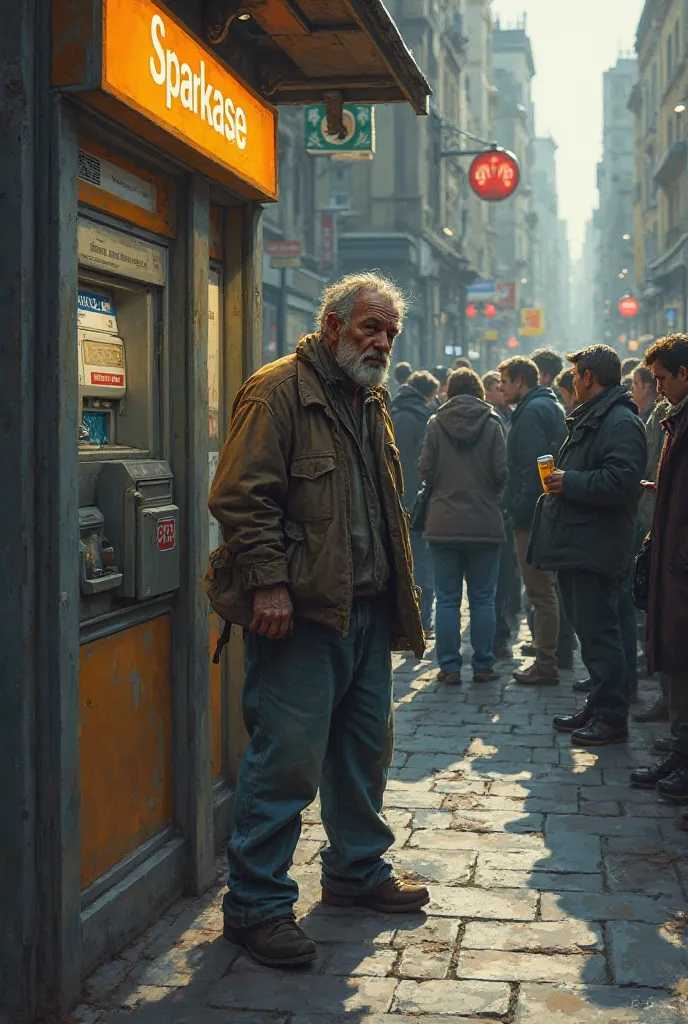 Create a picture of a homeless drug addict with a beer in his hand who is standing in front of a cash machine at Sparkasse Dortmund in a city and behind him are normal people waiting 