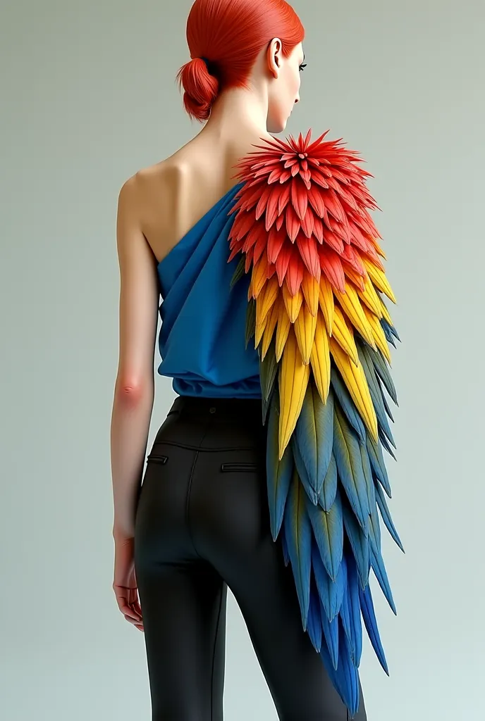 Transform my drawing into a realistic image, my image is a look a blouse inspired by macaws, There are feathers on one, apenas, of the sleeves and black pants