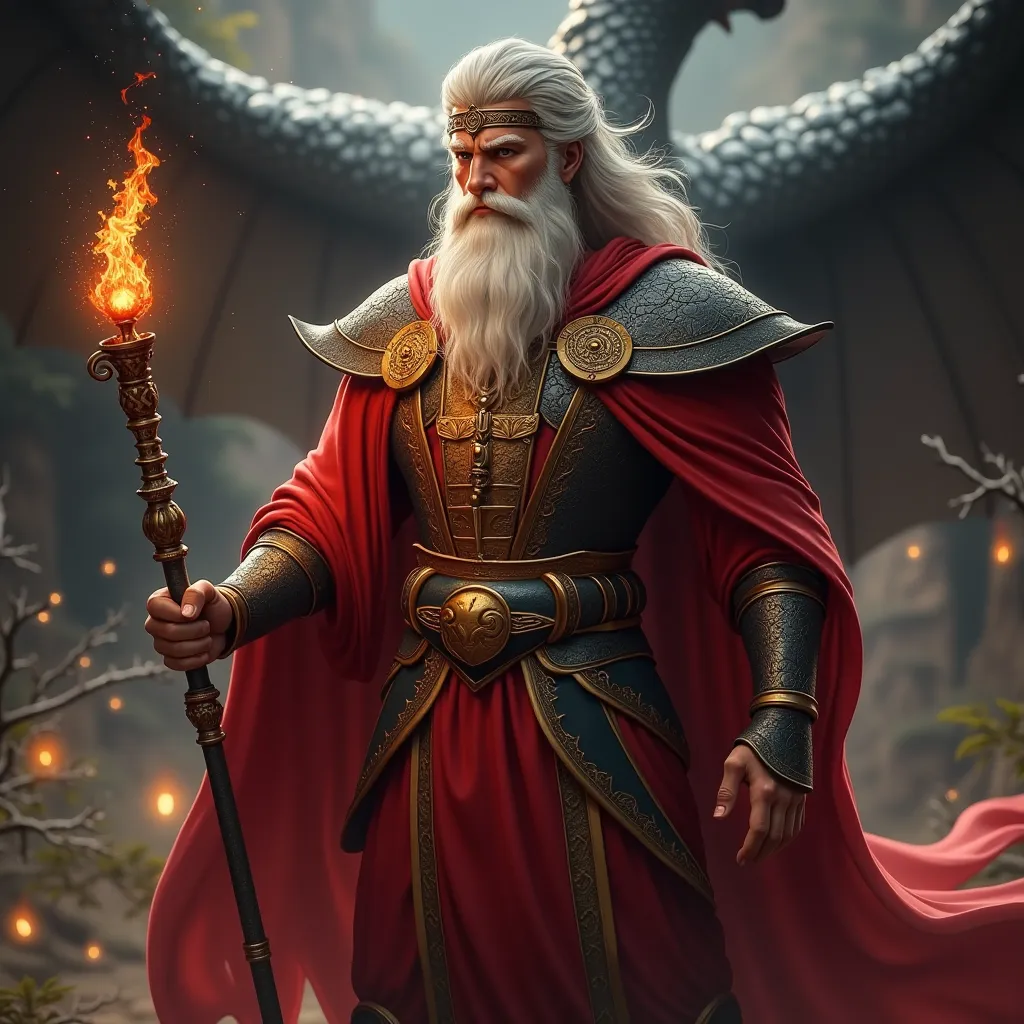 handsome zeus god character with red robe holding his wand, Stand confidently in front of the black dragon game Mahjong Ways Black Scatter with a tense and festive atmosphere, clear black dragon background