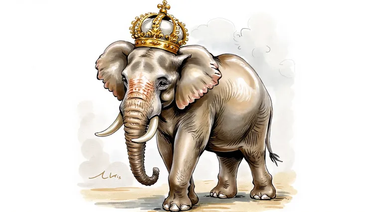 An elephant with a golden crown on its head.
Water color illustration, no background