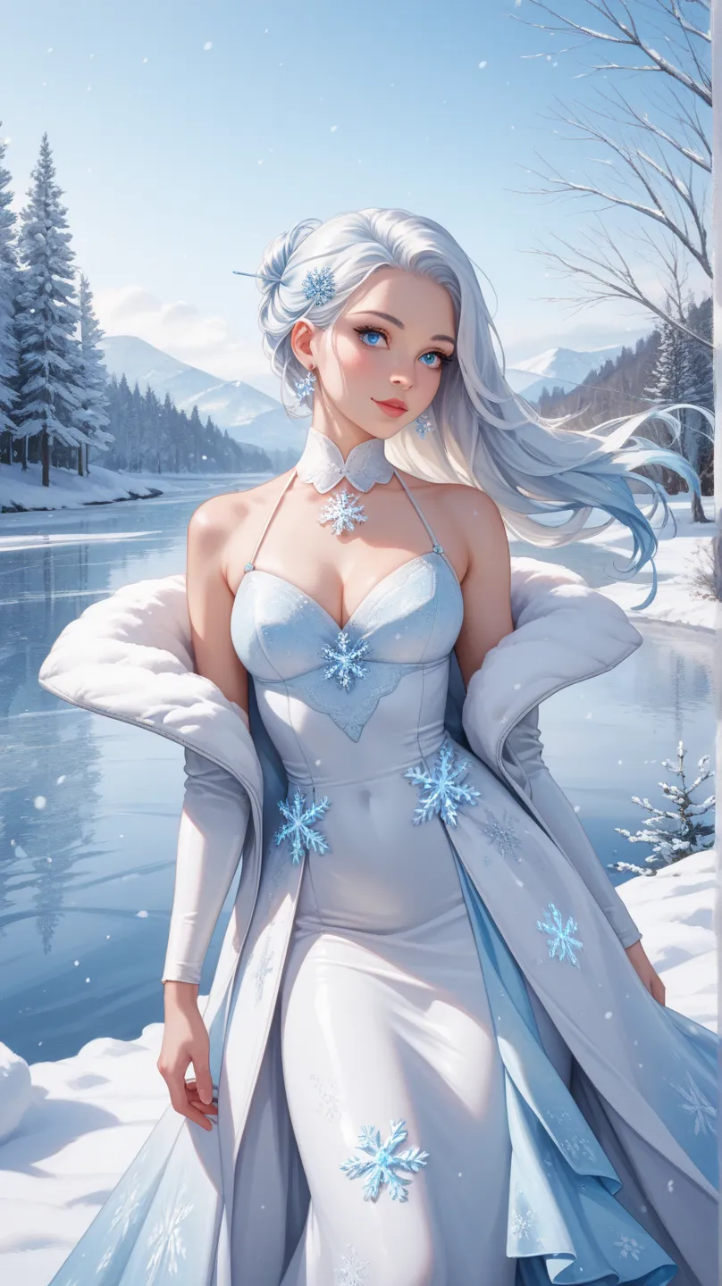 a young woman with blue-white hair and light blue eyes, wearing a white snowflake hairpin, tight white dress, light blue decorated dress, white jacket,photorealista young woman, blue-white hair, light blue eyes, white snowflake hairpin, tight white dress, ...