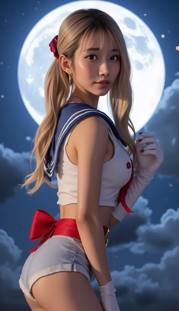 cinematic lighting, Ultra High Precision,  masterpiece,   accurate, 超details,  details, high quality,  Award winning , Highest品質, Highest, 16k, detailsな顔,  Realistic Textured Skin, Sailor Moon, sailor suit ,  The background is a full Moon , perfectly mimic...