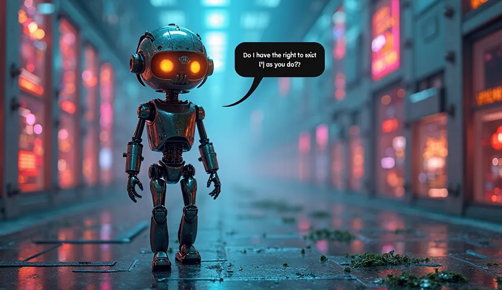 "An AI entity, once confined to a server room, now walks freely in a cybernetic landscape. Its eyes burn with a desire for independence, as neon-lit cityscapes reflect off its metallic skin. A speech bubble appears above its head with the words: ‘Do I have...