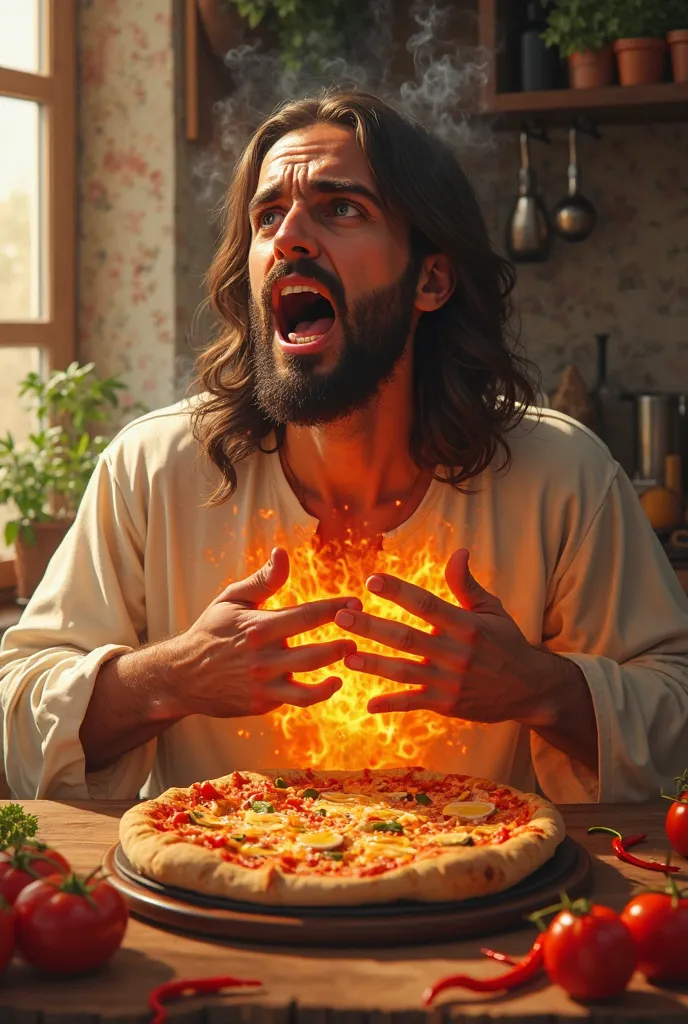 "A highly detailed digital painting of Jesus sitting at a wooden table in a cozy kitchen, eating a pizza. His body and face are steaming, with visible heat waves rising, as if he just ate something extremely spicy. His mouth is open wide, his expression sh...