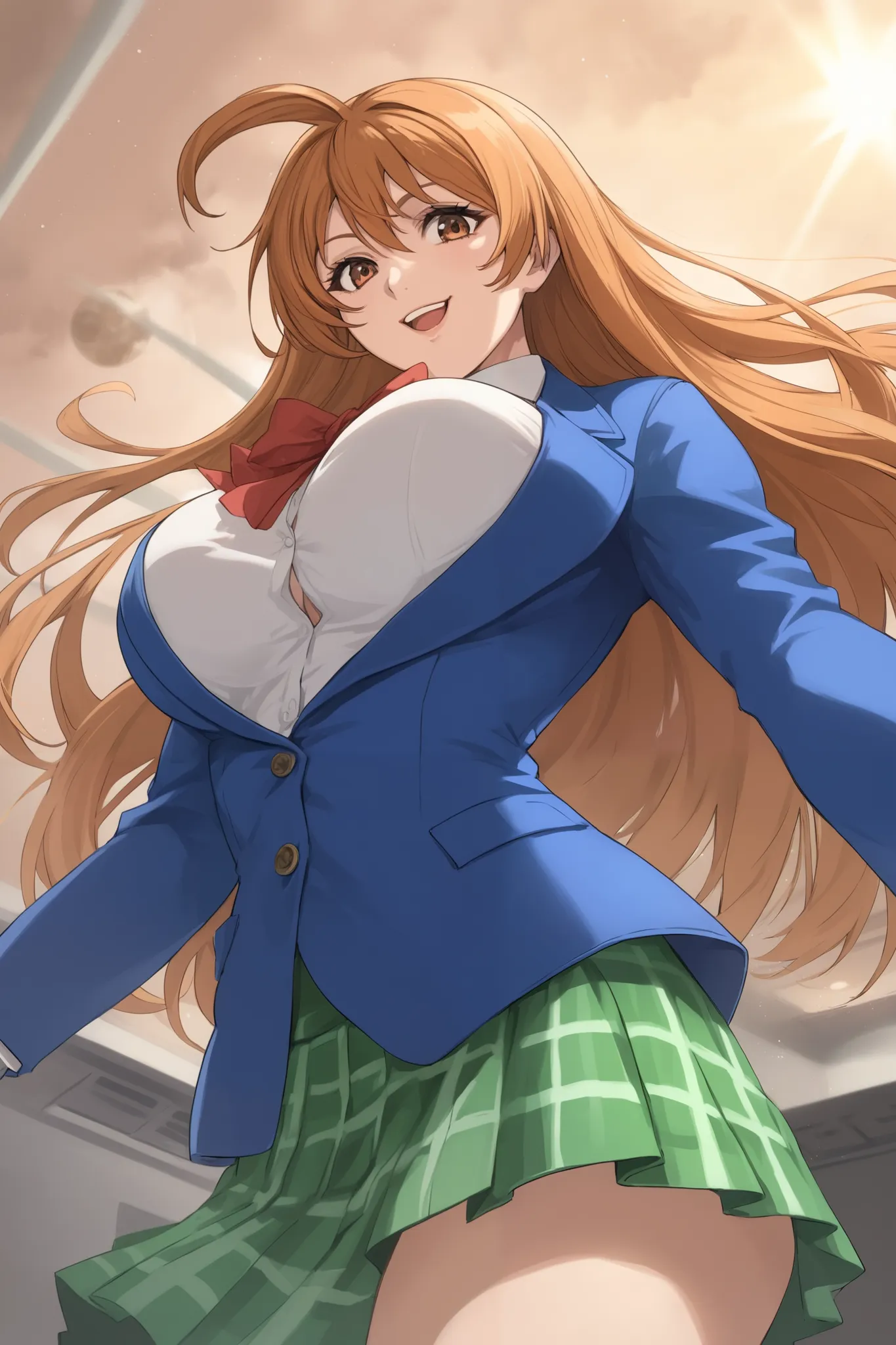 best quality,masterpiece,looking at viewer,absurdres,1girl,score_9,score_8_up,score_7_up,source_anime BREAK natsume aya,orange hair,long hair,brown eyes,ahoge,breasts,white ,skirt,bow,plaid,large breasts,jacket, plaid, green plaid skirt, blue blazer,  evil...