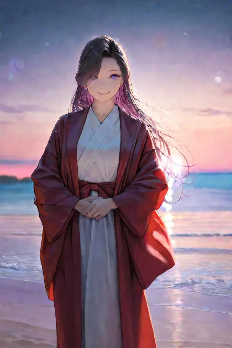 1 girl, translucent fabric, beach, summer, smile on face, wife, smile on her face, 1 girl, purple eyes, kimono miko, red kimono, kimono, nightbest quality, 4k, 8k, high resolution, masterpiece, ultra-detailed, realistic, photorealistic, photo-realistic, HD...