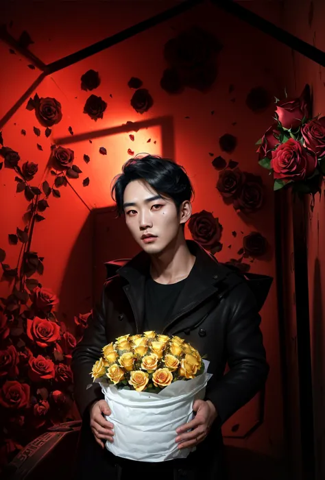 score_9, score_8_ upwards, score_7_ upwards (best quality, high resolution), ((((Korean man, face with brown eyes , black hair, in a black coat, with a bouquet of roses on the background of a bunker with red lighting))) artstation hd,  detailed picture , c...