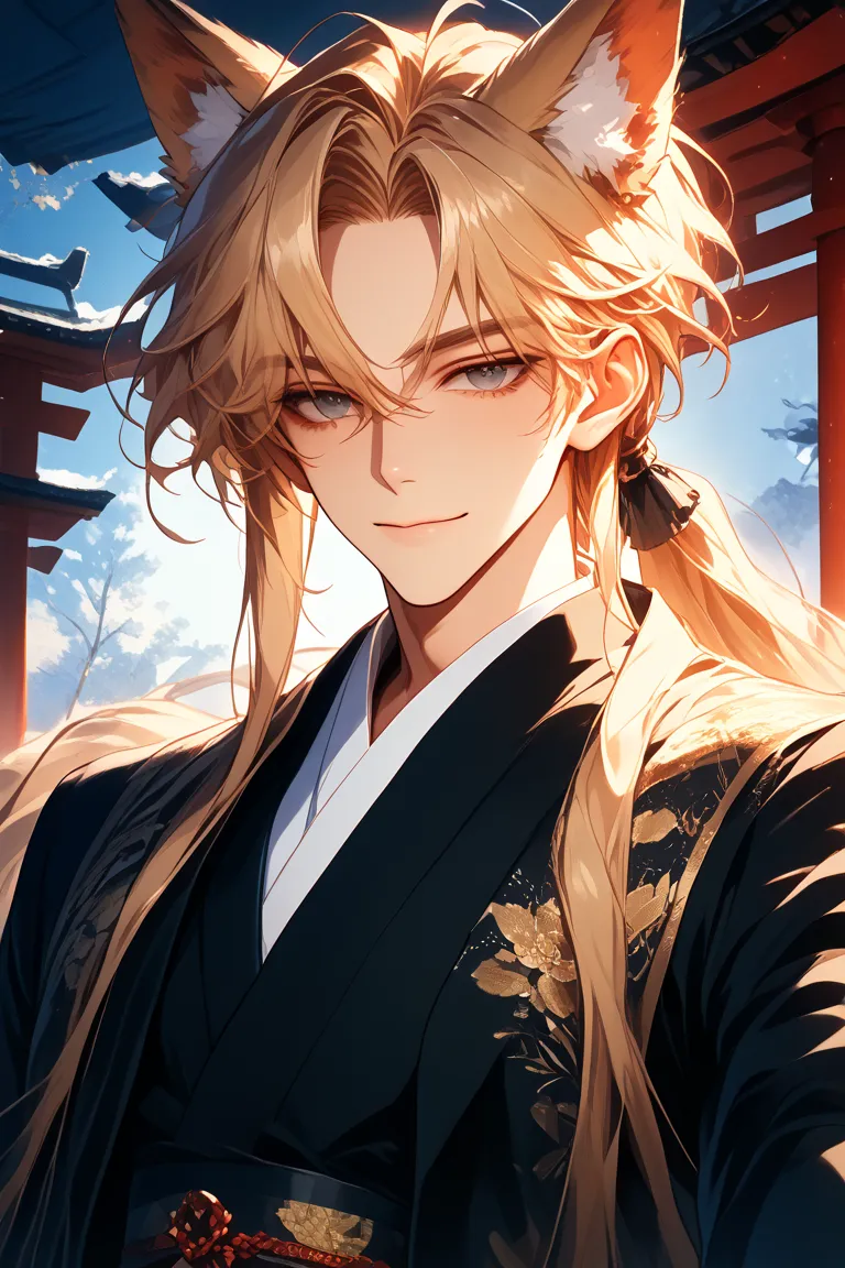 anime boy, 1boy, solo, lonely, fox ears, fox tails, nine fox tails, long hair, ponytail, very long hair, blonde hair, kimono, long sleeves, black kimono, hair over eyes, Japanese half-coat, smile, closed mouth, sharp and thin eyebrows, hair over ears, noth...