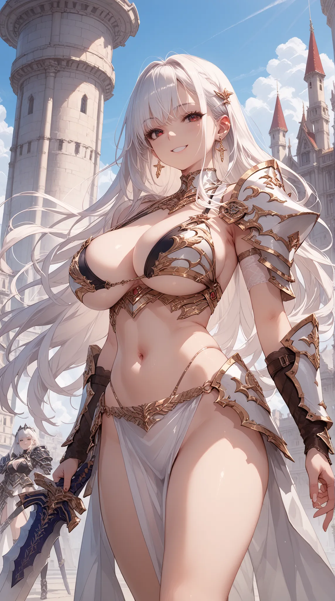 score_9, score_8_up, score_7_up, source_anime, 1girl, huge breasts, large breasts, curvy, voluptuous, white hair (straight bangs), red eyes, long hair, bikini armor, earrings, wilding sword, smile, standing, solo focus, castle scenary, outdoors