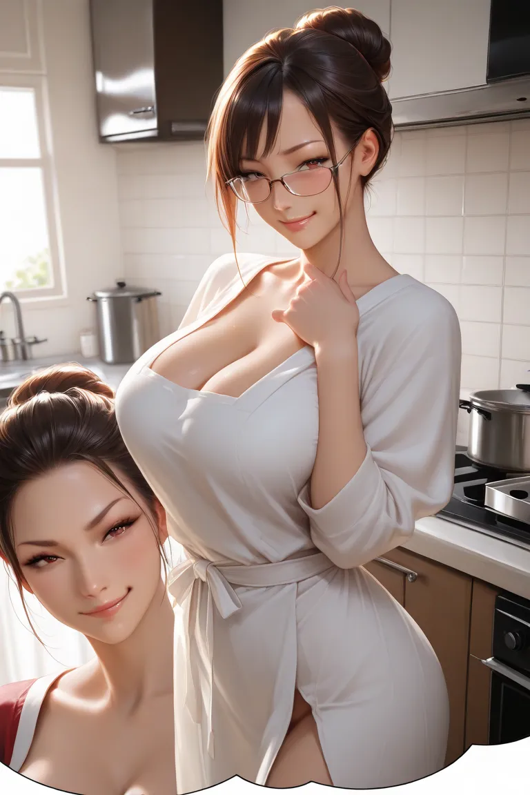 Beautiful milf, hair bun, glasses, sexy, kitchen, imagining about a black penis, smirking , realistic 