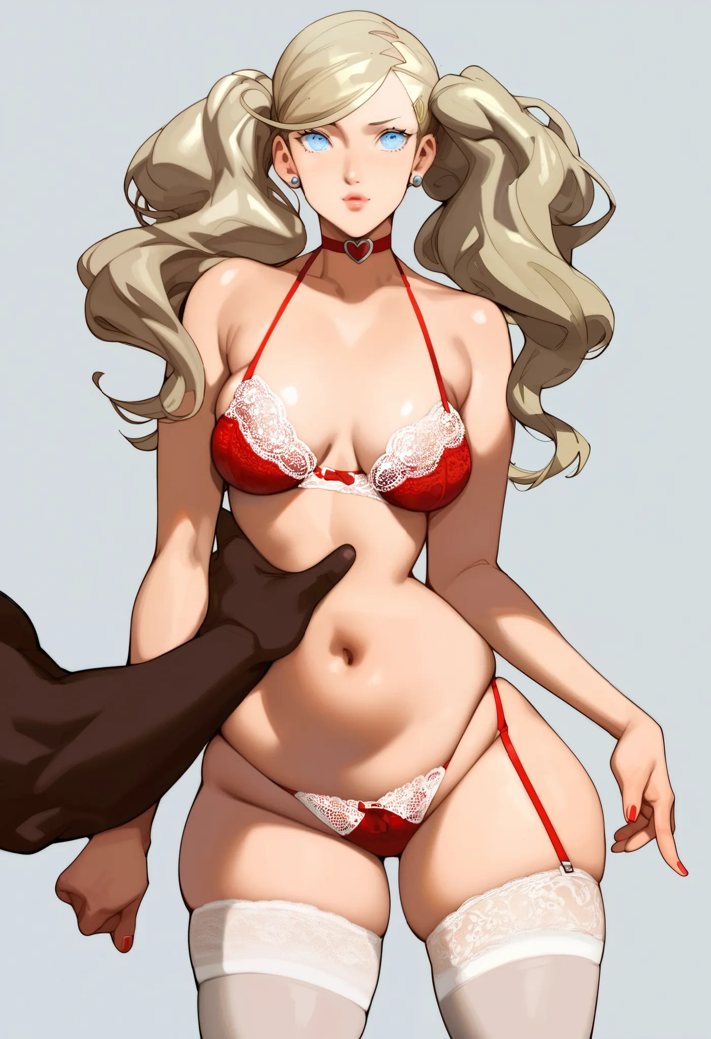 p5ann, the cover of a lingerie magazine, hot photosession, with black men, very aesthetic, focus on atmosphere, realistic anatomy, feminine pose, ((image macro details)), very aesthetic, 1female, 1male,  Ann Takamaki and her black boyfriend, In luxury lace...