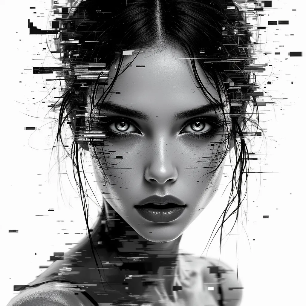 A beautiful glitch art of a girl, glitch effects on a black and white photo, unsettling beauty, detailed, 8k, masterpiece.