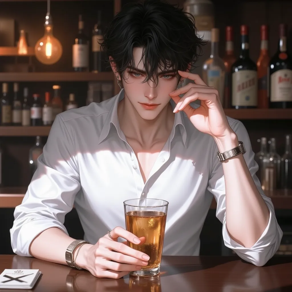 4K , 8k , (a black-haired man with no horse face, blue eyes.) ,  Mature , casting, 25 year old man, pub bar environment ,  Smiley , With a white shirt ,  Sunshine  , novel , Manga , Beautiful Man  , Rich Detail , Perspective ,  good focus  , hair details ,...