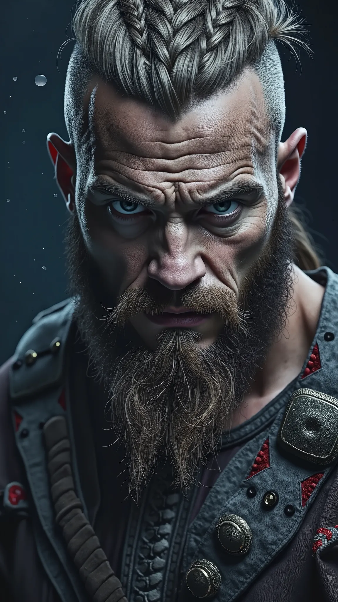 High-quality realistic acrylic art, bright colors, man with exotic appearance, very sexy man, long brown and gray hair combed into a modern hairstyle, the mohawk is braided on top in a Viking braid,  detailed face, detailed lips, detailed eyes, you can see...