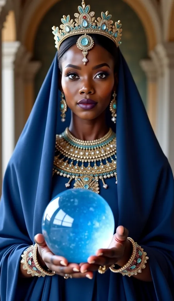 A African women 40 years old in hand crystal ball,a behind megical place in room, dress color blue black,wear a full dress and wear a dupatta,crown a head, blue eyes and look to front 