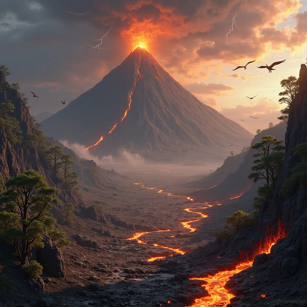 A towering prehistoric volcano looms over the rugged landscape, its jagged peak spewing thick plumes of ash and smoke into the sky. The earth trembles with each rumble of the eruption, and rivers of glowing lava cascade down the sides, carving fiery paths ...