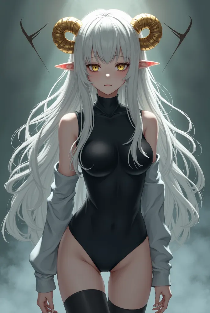 Crying anime girl white hair with golden horns wearing black body suit and short with long black socks 