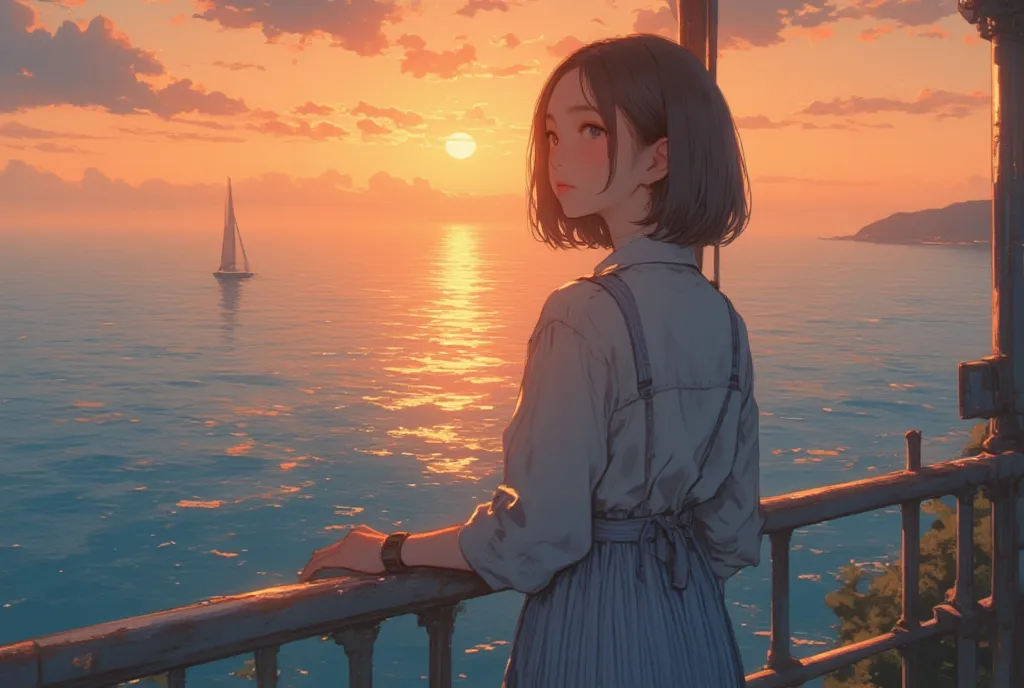 A young Asian woman, positioned slightly to the left of center in the image, stands on a railing overlooking a sunset over the ocean.  She is in her late s or early twenties, with short, dark brown hair.  She wears a light, off-white, collared, button-up s...