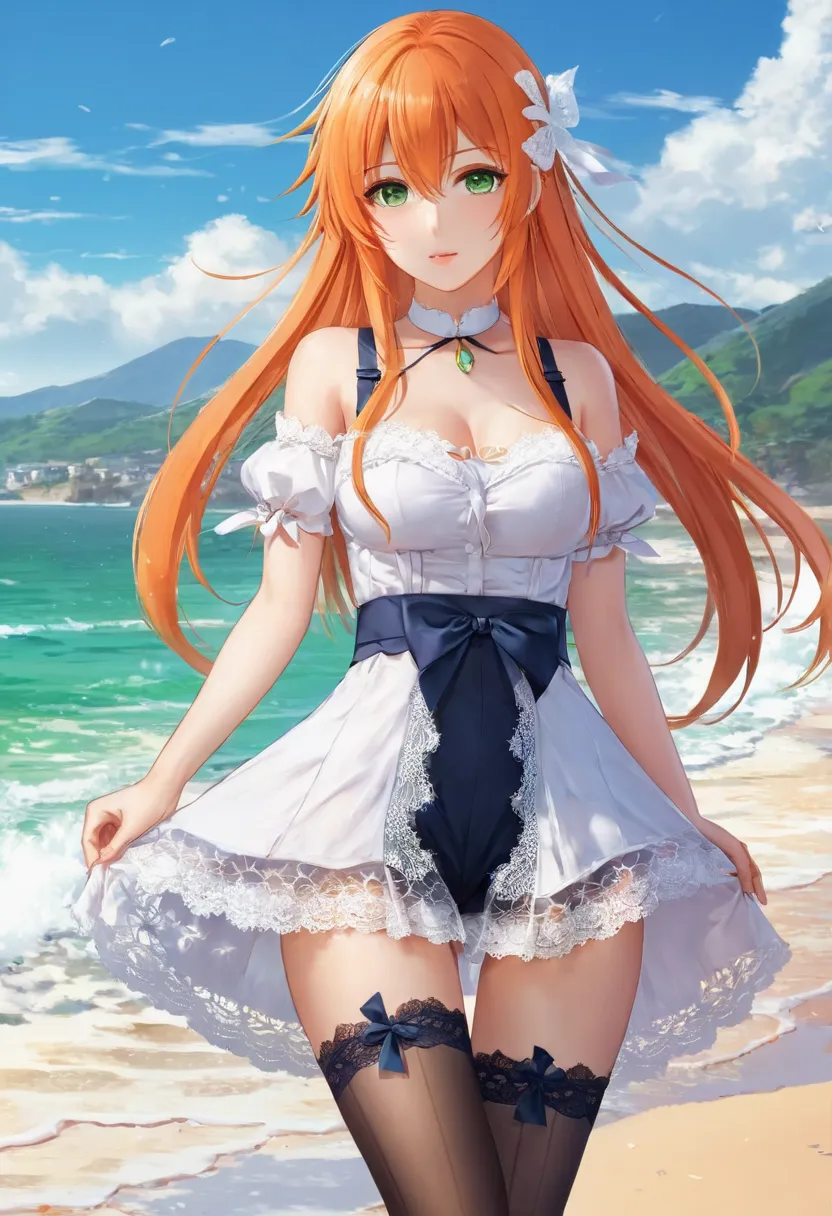 Anime girl with long orange hair, standing on the beach near the ocean, green eyes detailed digital anime art, Anime girl with long hair, гладкое аниме cg art, Anime girl with long hair, digital anime art, work in Guweiz style, Beautiful anime portrait, Ph...