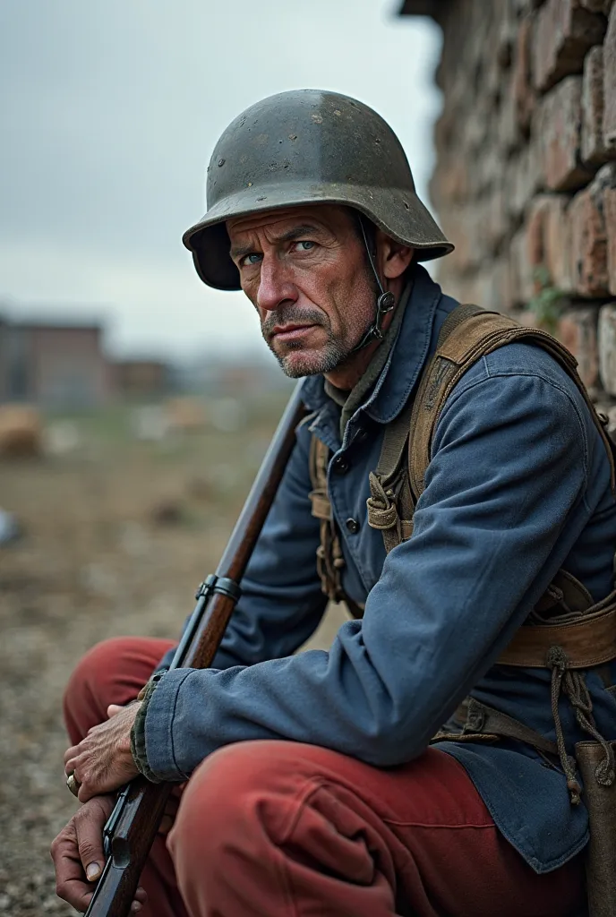 Le poilu est un soldat français de la première guerre mondiale vêtu d'un uniforme bleu horizon, typique de l'époque, composé d’une veste ajustée et d’un pantalon à bandes rouges. Son casque Adrian, marqué par les épreuves, est légèrement incliné sur sa têt...