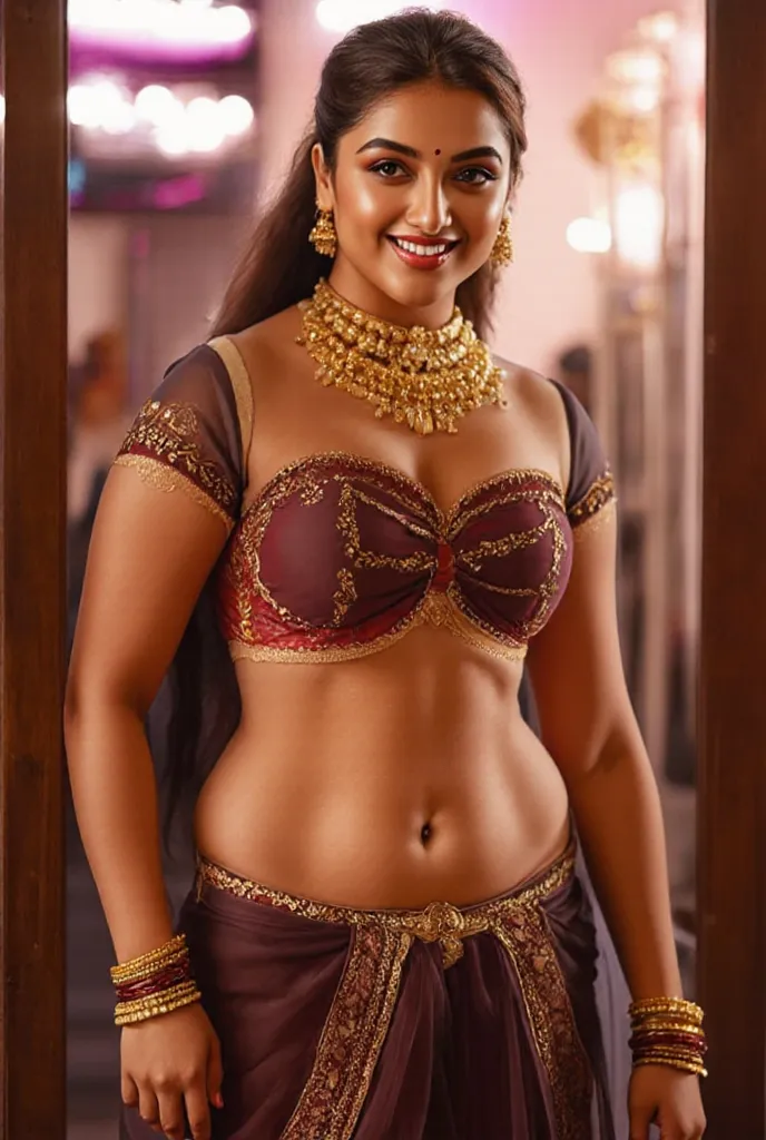 A beautiful slightly thick indian woman who is wearing an traditional indian dress, deep and sexy navel, deep round  navel, no navel piercing, bare midriff, midriif is not covered by any stuffs, curvy hip, match less beauty, hour glass figure, intricate de...