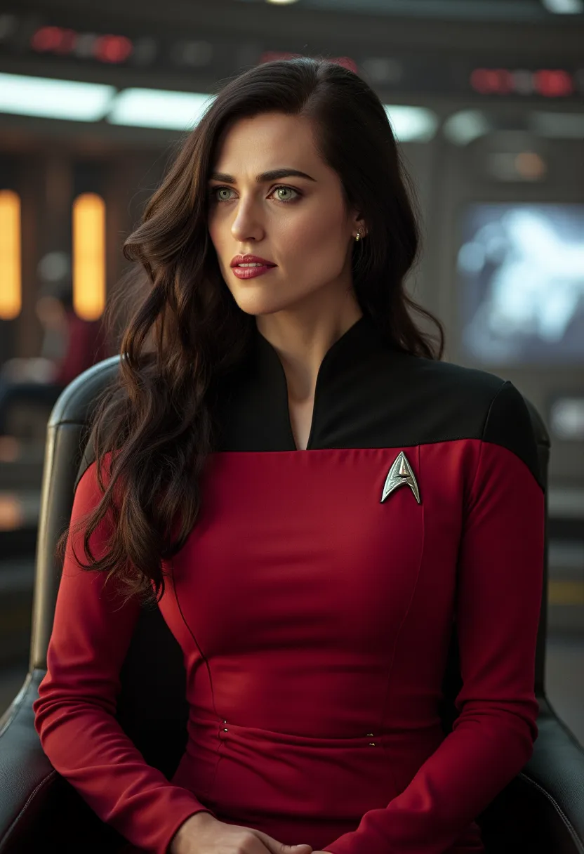 Full-length photorealistic depiction of a female Starfleet captain, about 30 years, wearing the next generation Star Trek TNG red official Starfleet uniform with TNG Starfleet insignia,  slim , Fit, muscular,  Beautiful. long flowing hair, halter neckline,...