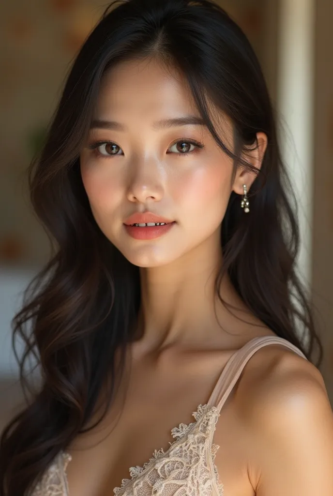 **"Hyper-realistic portrait in 8K quality of a young Thai woman of exceptional beauty, inspired by Praew by Asianparadise. Her face is delicate and harmonious, with a well-defined structure: soft jaw and a slightly sharp chin that enhances her femininity. ...