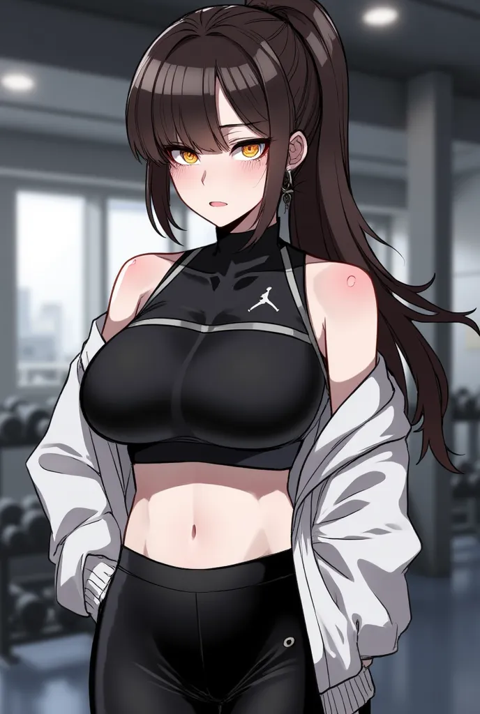 Create me an image in the Korean manwha fanart anime style with a 20-year-old woman with dark brown eyes and a lot of rebellious hair tied with a long brown tail with bangs with a serious expression with a very voluptuous body with big breasts,  with a bla...